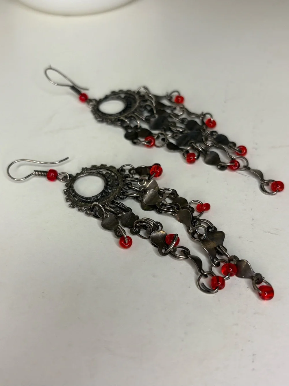 Vintage Boho Silver Chandelier Dangle Earrings Red Bead Fringe Statement